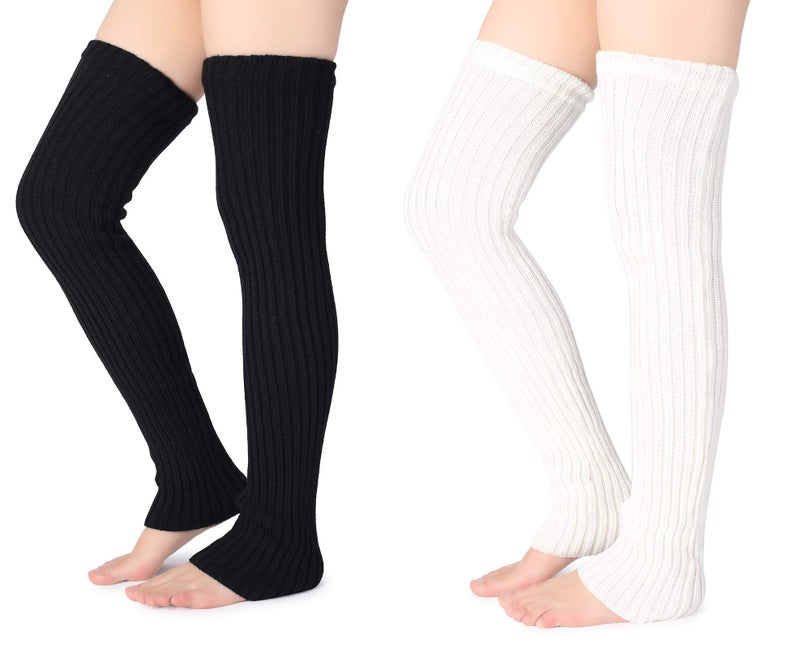 Pareberry Women's Winter Over Knee High Footless Socks Knit Warm Long Leg Warmers (2 Pack-(Black+White), 27 Inches) - Image 1